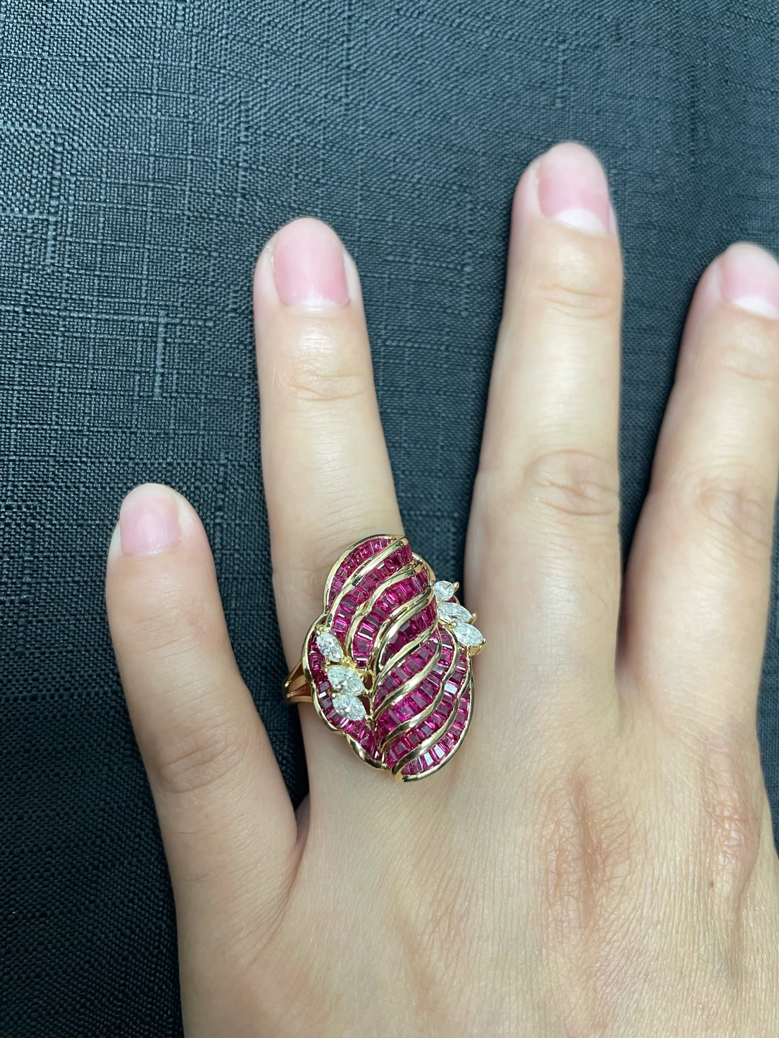 Invisibly Set 8 Row Ruby Flower-Cut Cocktail Ring with Marquise Diamonds, 18K