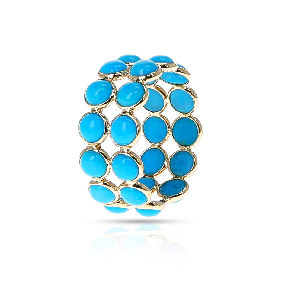 Turquoise Round Cabochon Double Line Band, Yellow Gold