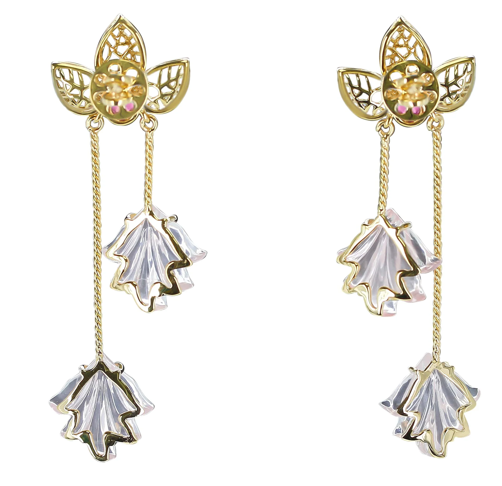 Dual Carved Rose Quartz Earrings with Gold Leaf Work with Ruby