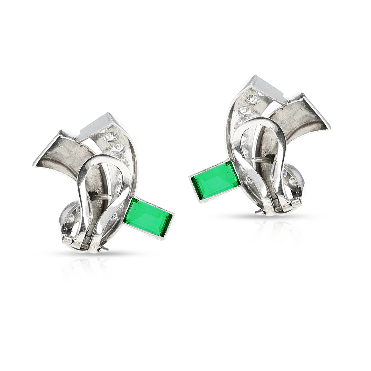 GIA Certified No-Oil Rectangular Colombian Emeralds and Diamond Earrings, PT