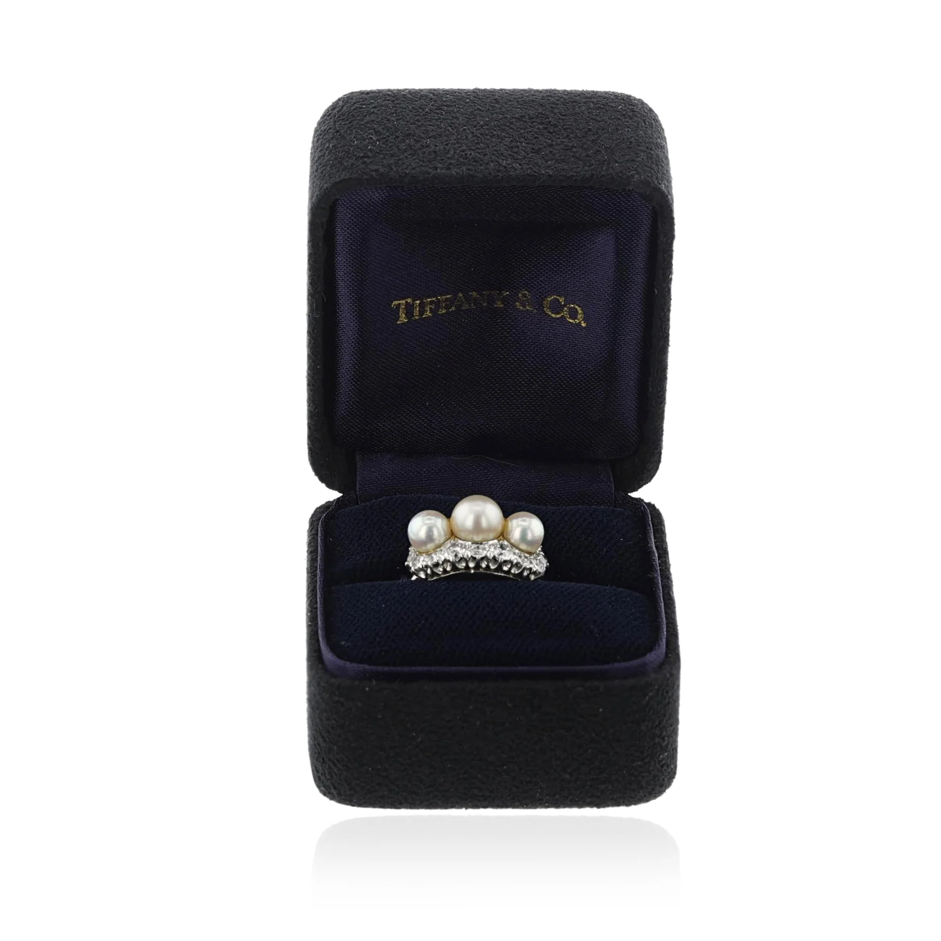 Tiffany & Co. Art Deco Akoya Pearl and European-Cut Diamond Ring, Platinum