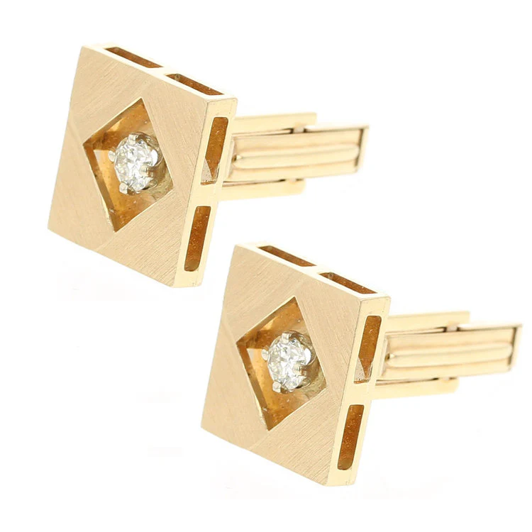 Square Gold and Diamond Cufflinks, 14K Yellow Gold