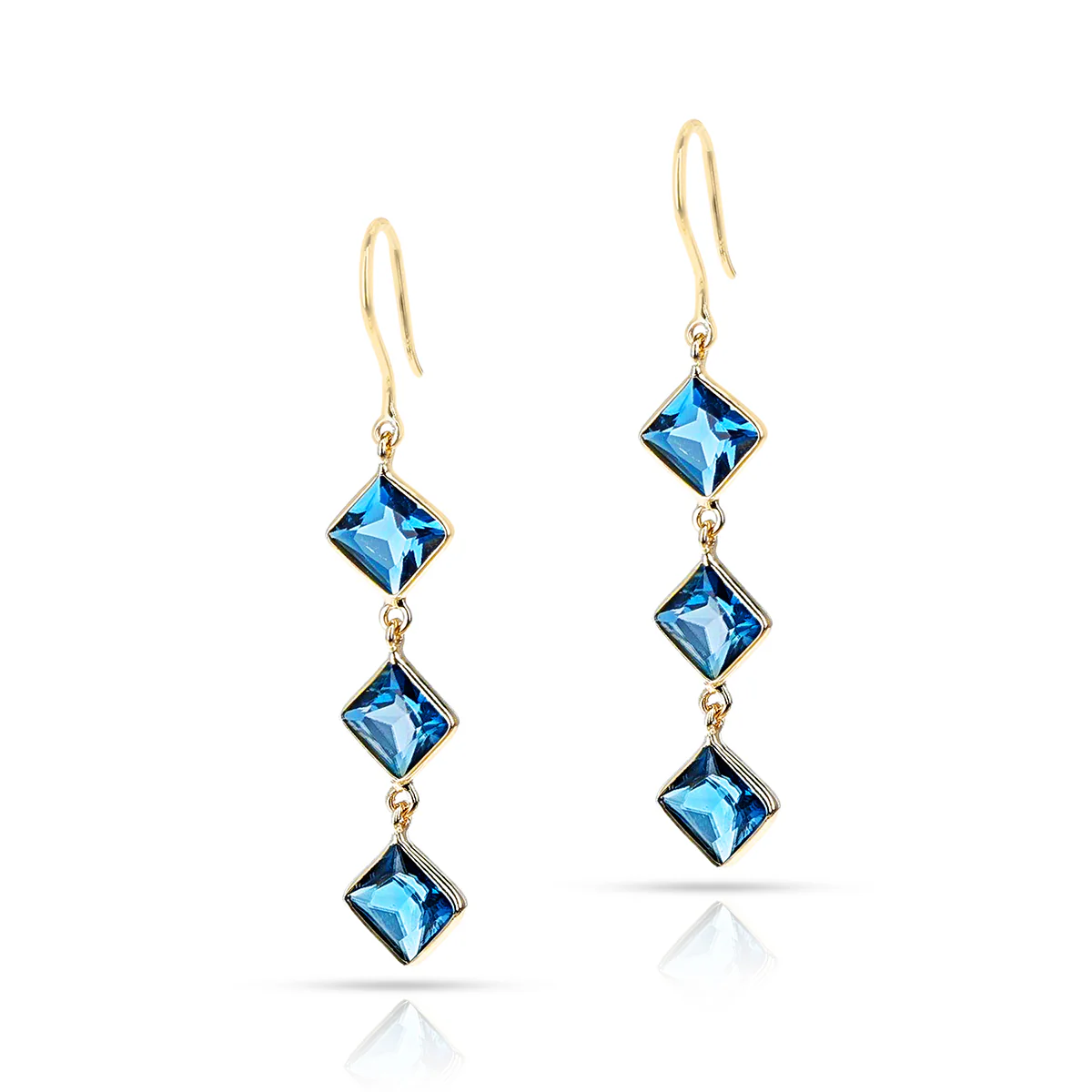 London Blue Topaz Cushion Shape Dangling Earrings made in 18 Karat Yellow Gold.