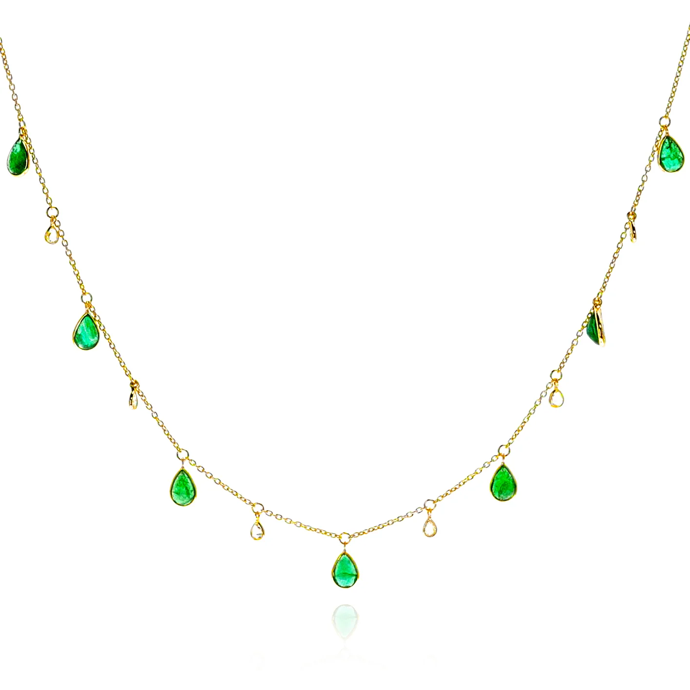Emerald Pear and Diamond Rose Cut Drops Necklace, 18K
