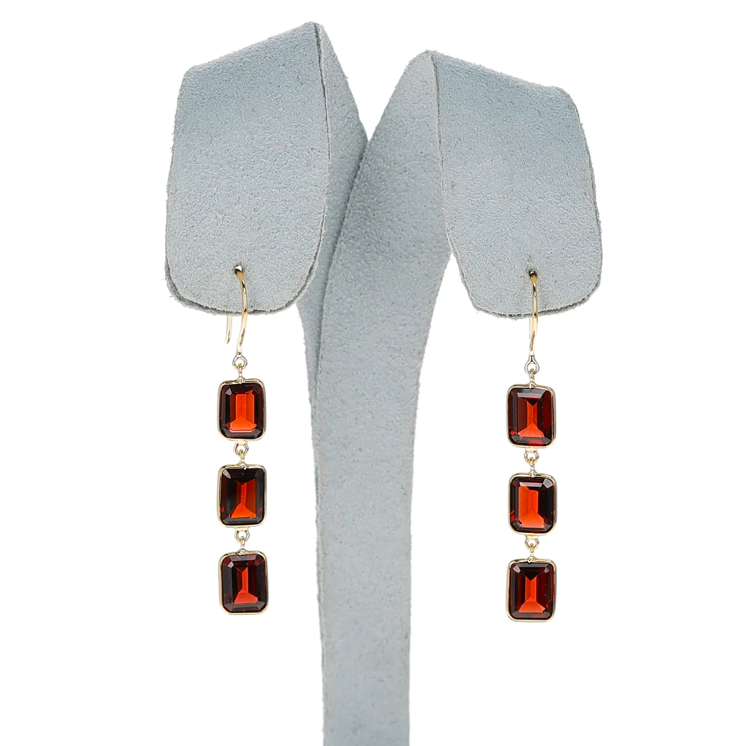 Rectangular Garnet Three Stone Dangling Earrings, 18K