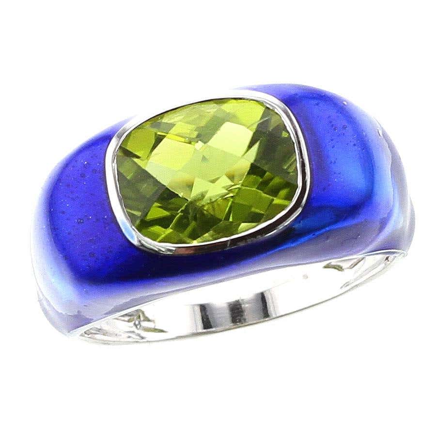 Blue Enamel and Peridot Ring, White Gold