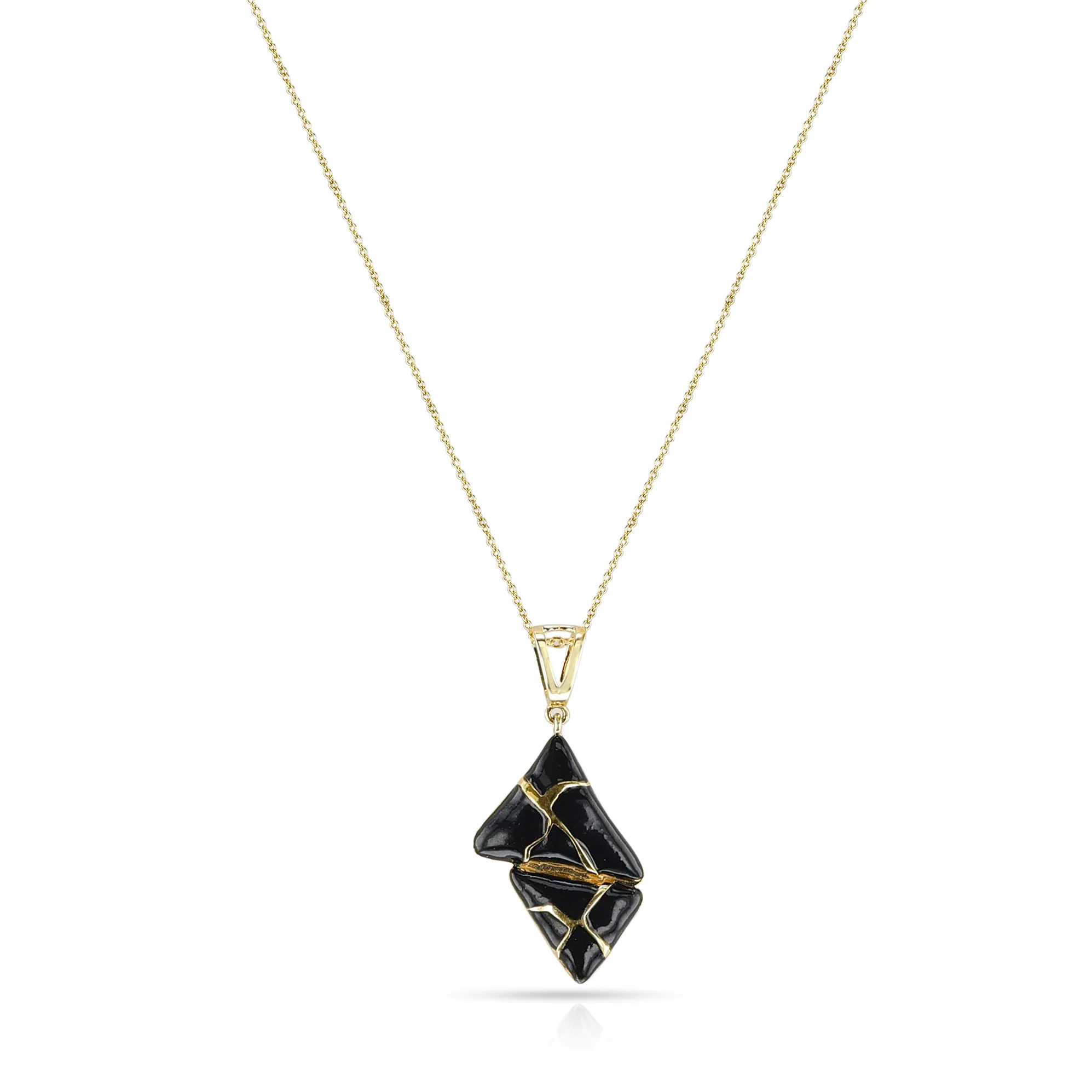 Two Triangle Black Enamel and Gold Lining Kintsugi Pendant Necklace, 14K