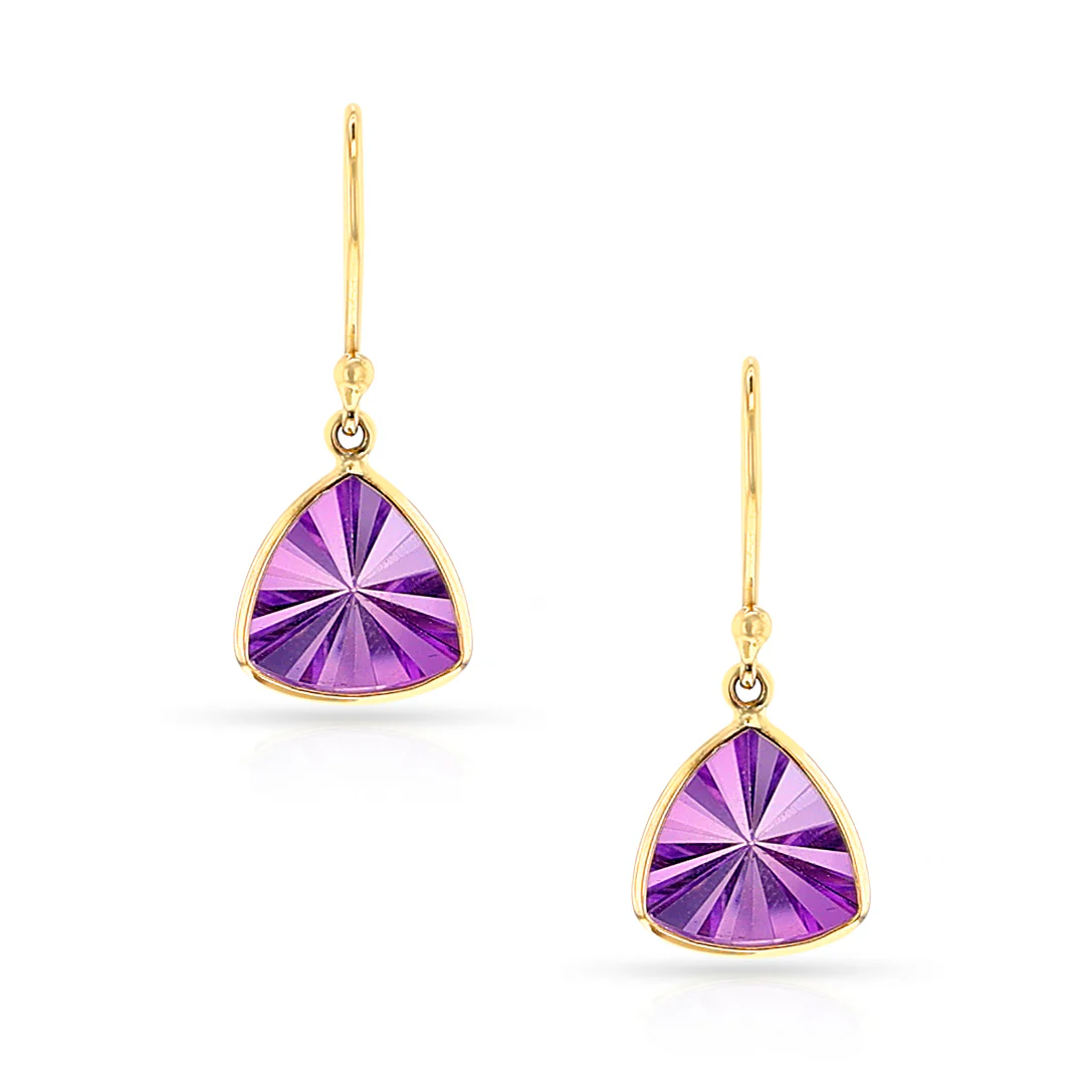 Triangular Amethyst Dangling Earrings, 18k