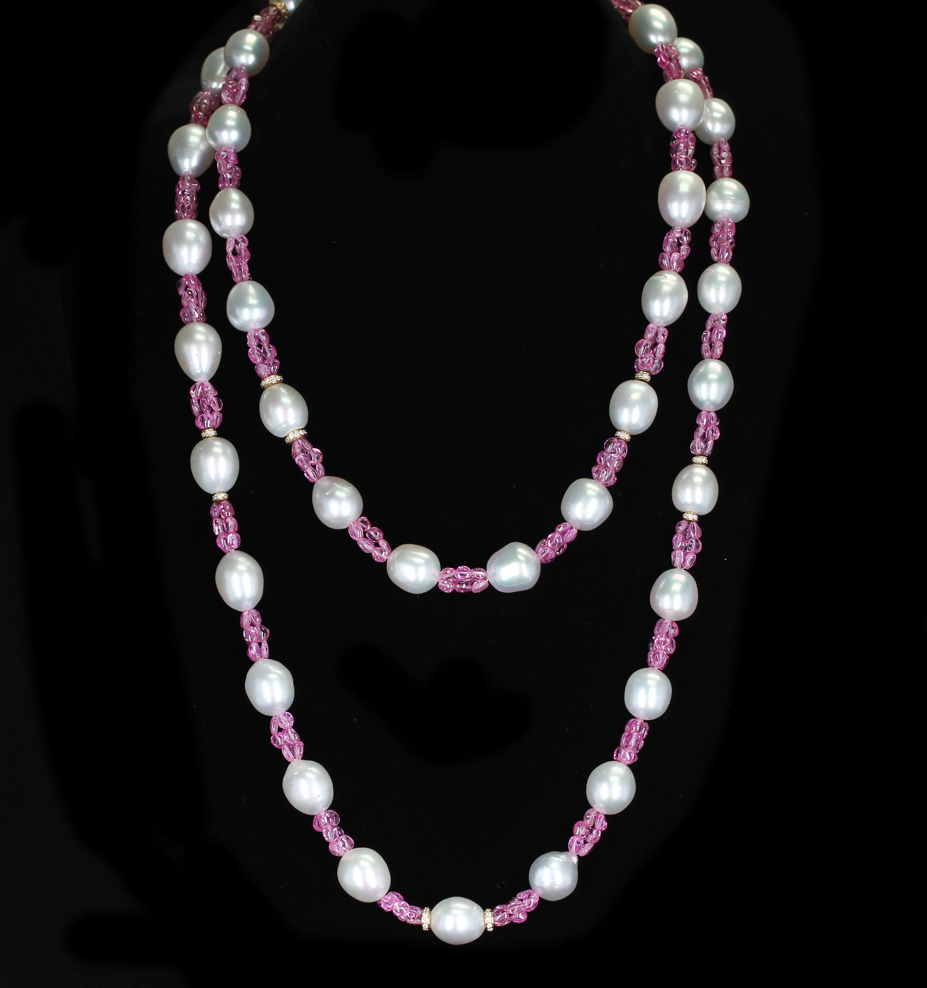 South Sea Pearl, Pink Sapphire, and Diamond & Gold Roundels Beads Necklace