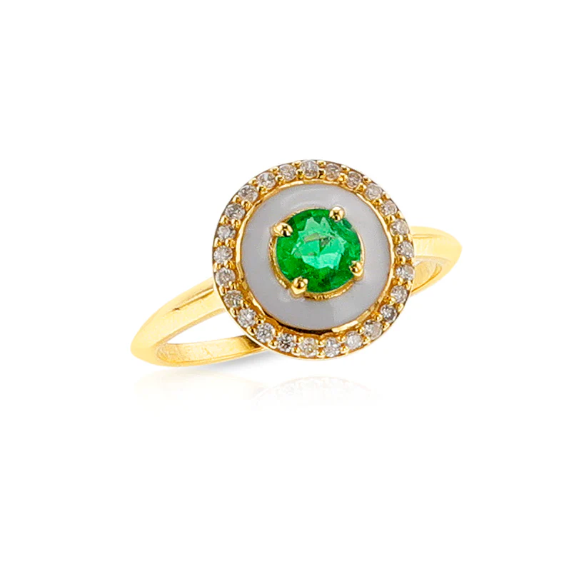 Emerald, White Enamel and Diamond Ring, 14k