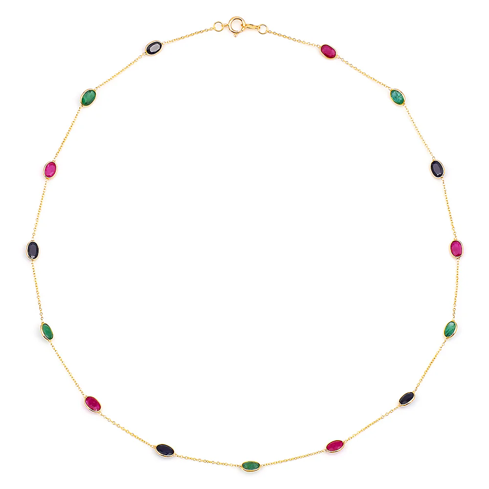 Oval Emerald, Ruby, Sapphire, 18k Yellow Gold Necklace