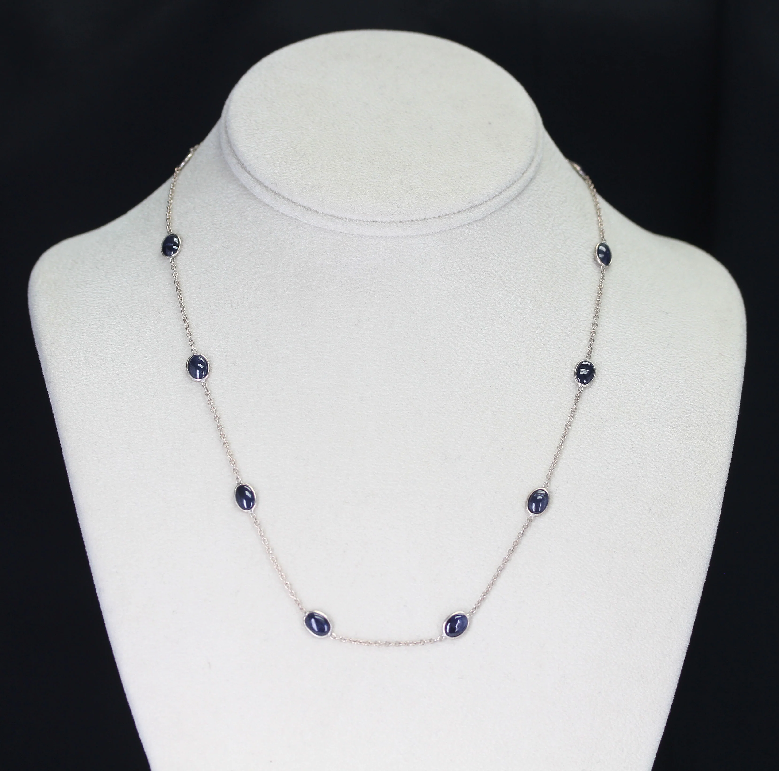 Dark Blue Sapphire Cabochon Necklace, Sterling Silver