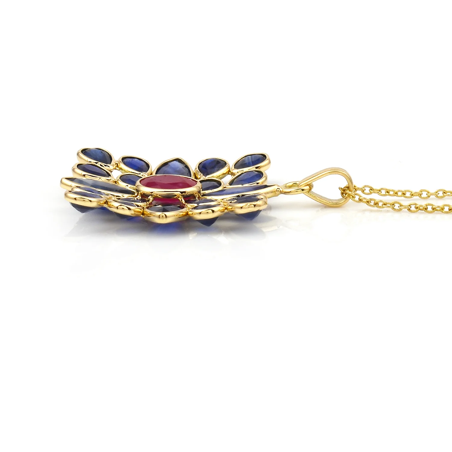 Pear and Marquise Sapphires with Oval Ruby Square-Shape Pendant, Yellow Gold