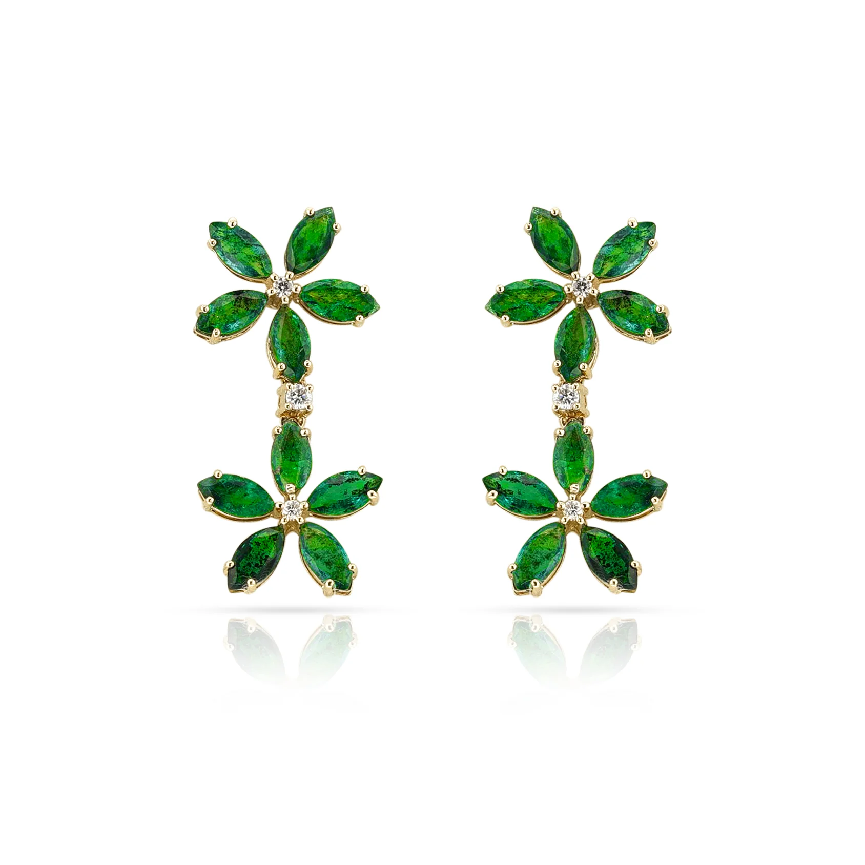 Double Floral Marquise Emerald and Diamond Dangling Earrings, 14K