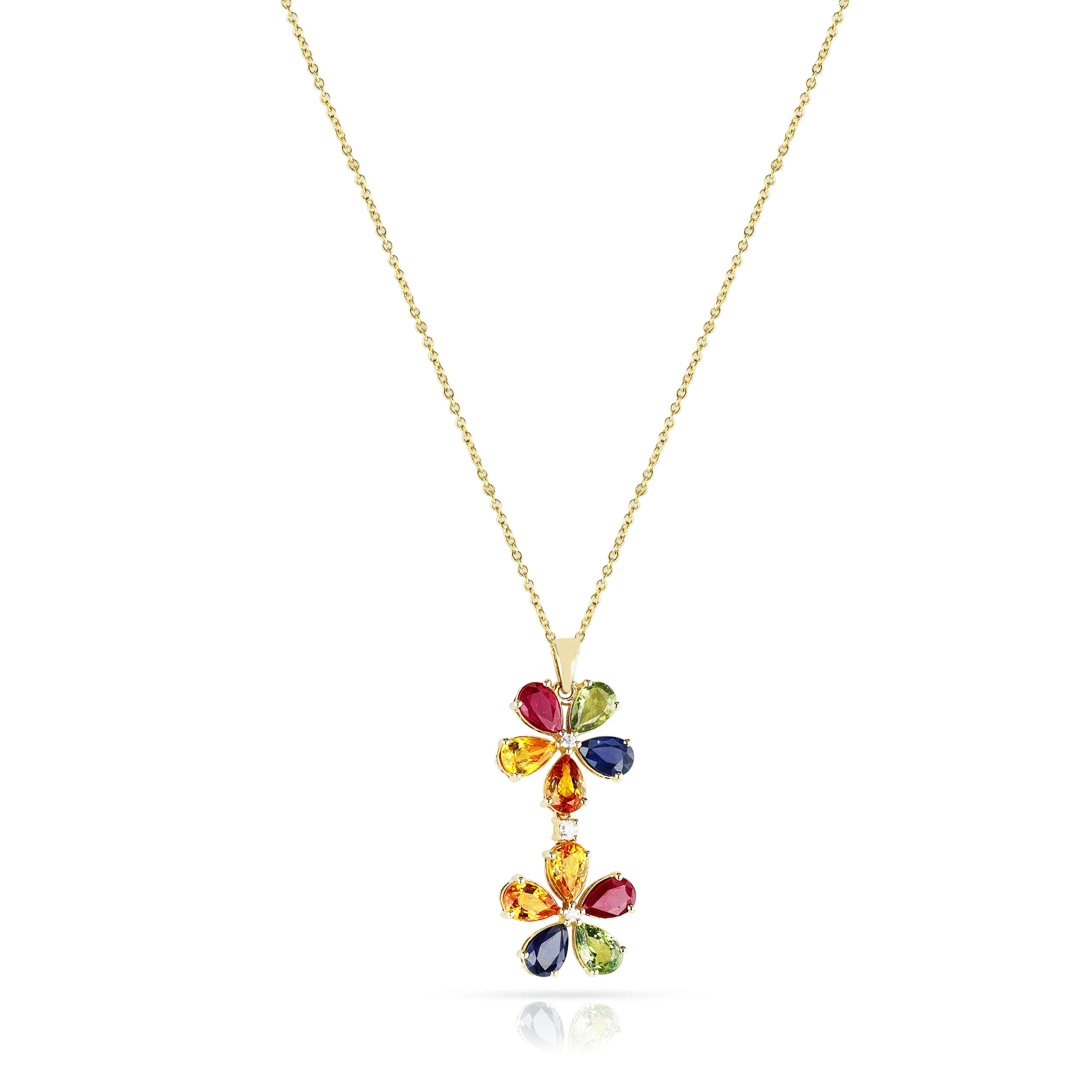 Double Multi-Sapphire and Diamond Floral Pendant, 18k