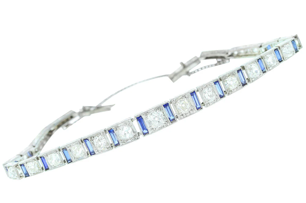 Art Deco Diamond and Sapphire Bracelet, 18K White Gold