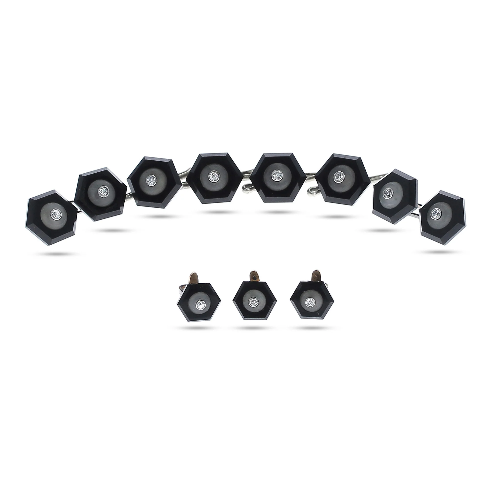 Paris, France Onyx and Diamond Cufflinks and Dress Shirt Pin Set, 18K Gold