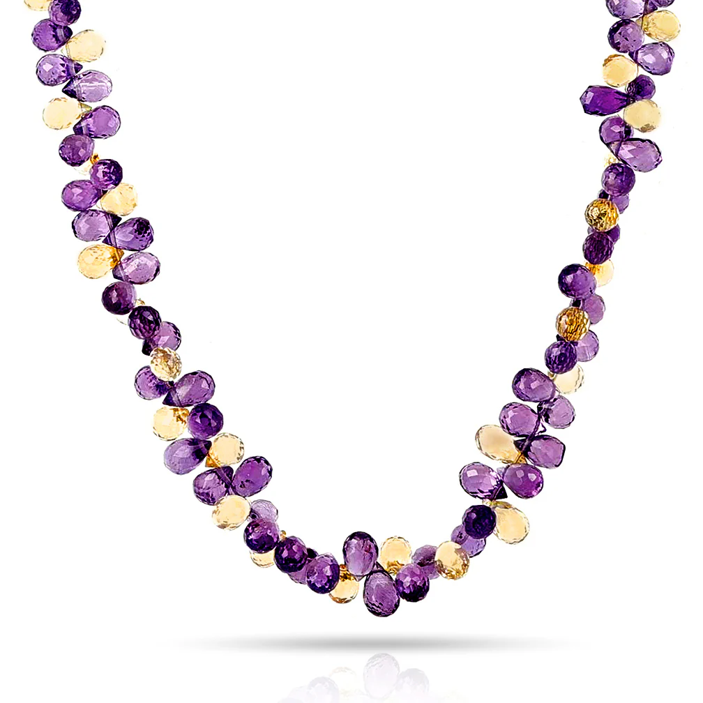 Citrine and Amethyst Briolette Beads Necklace, 14k
