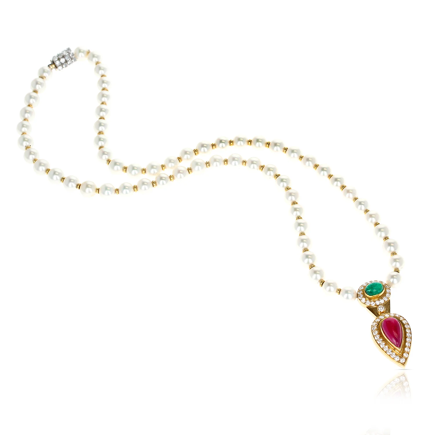 Cultured Pearl Beads Necklace with an Emerald and Ruby Cabochon, and Diamonds
