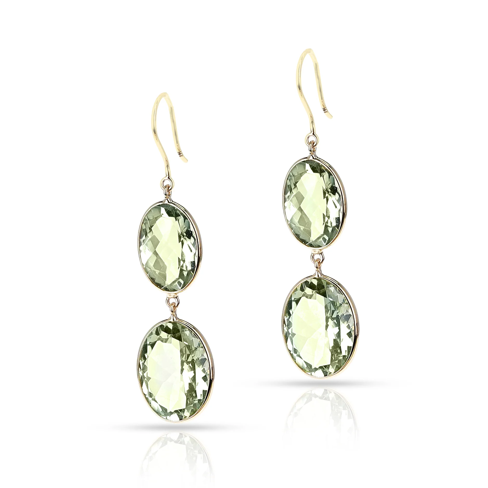Green Amethyst Oval Shape Dangling Earrings made in 18 Karat Yellow Gold.