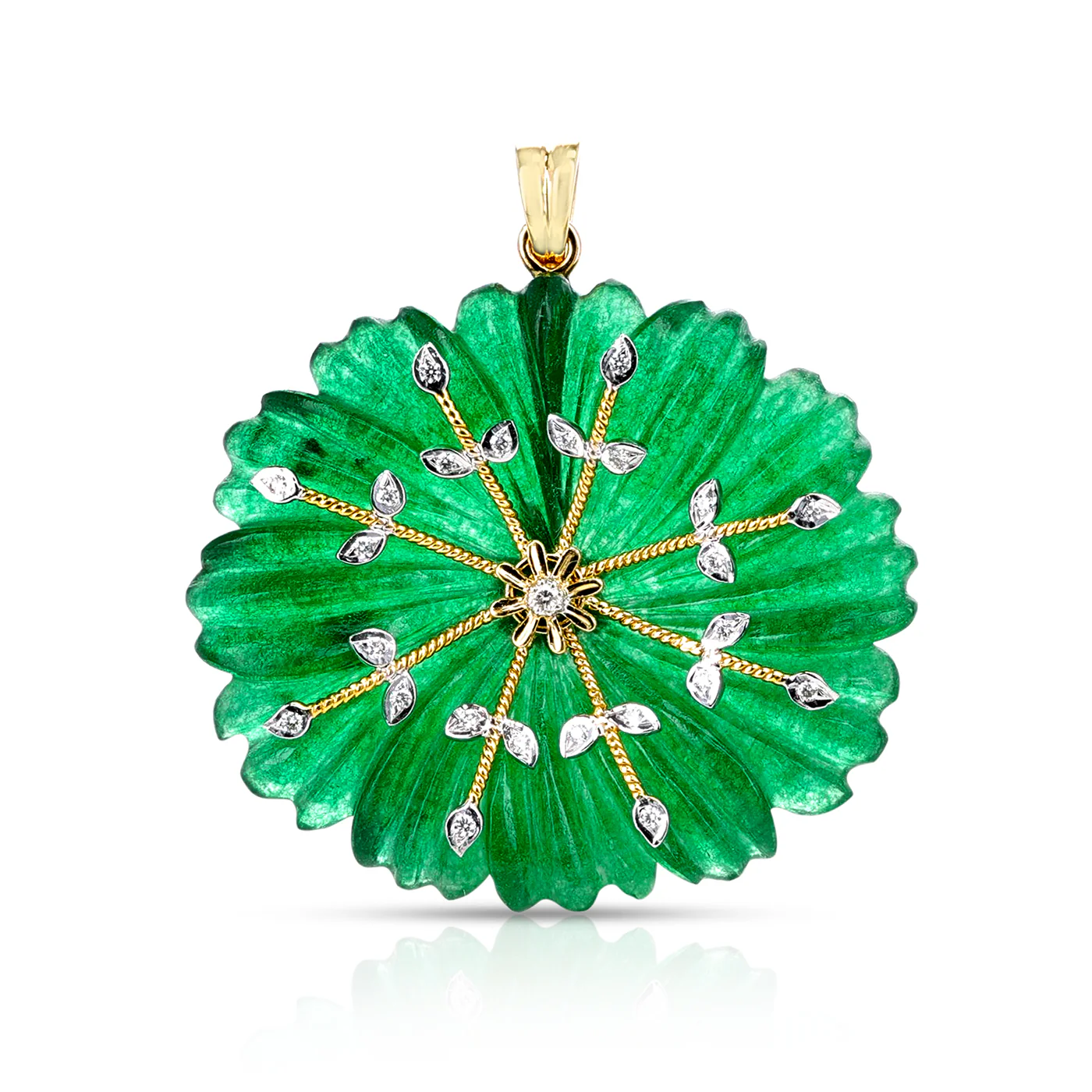 Carved Floral Jade Pendant with Diamonds, 14K