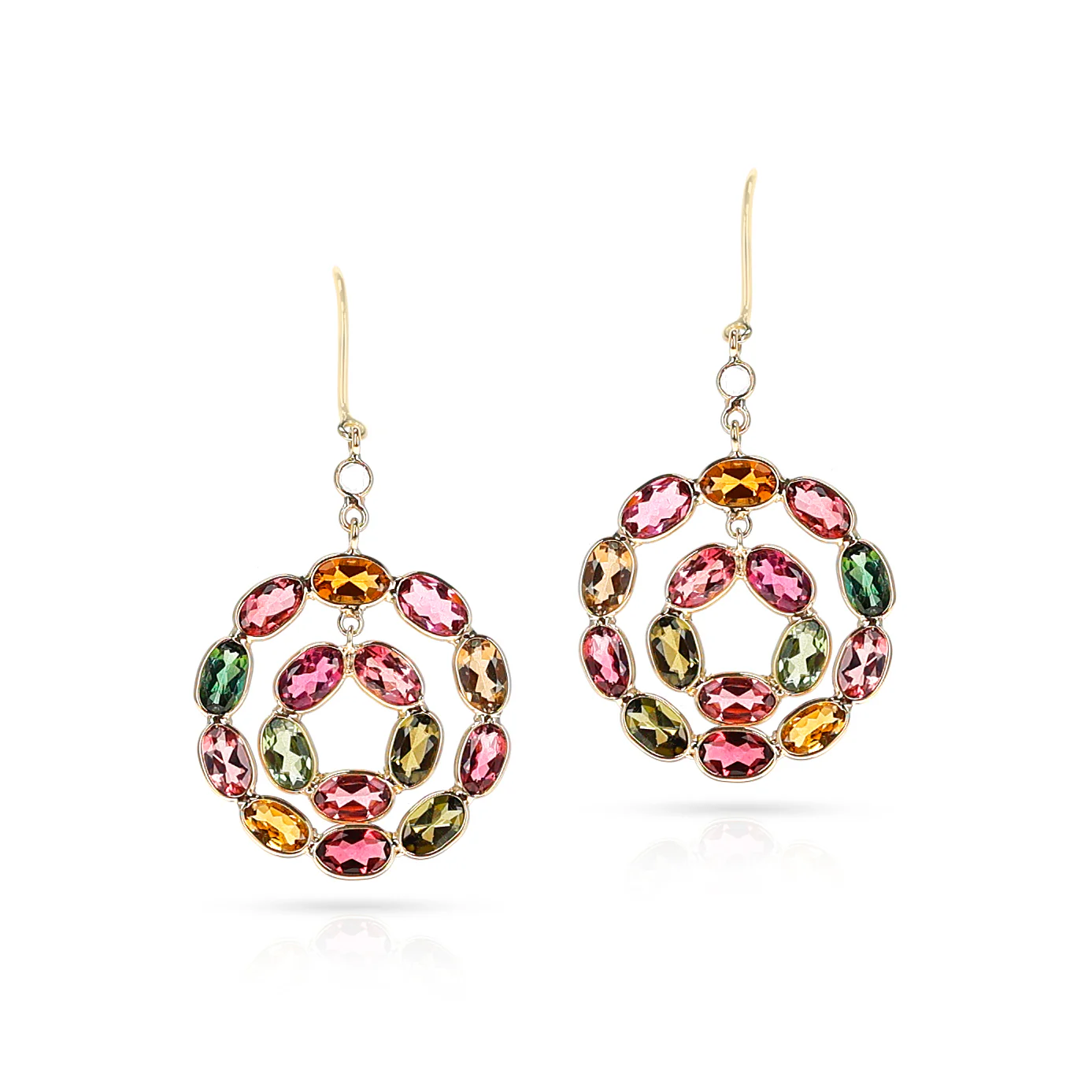 Double Circle Multi-Tourmaline and Diamond Rose Cut Earring, 18K
