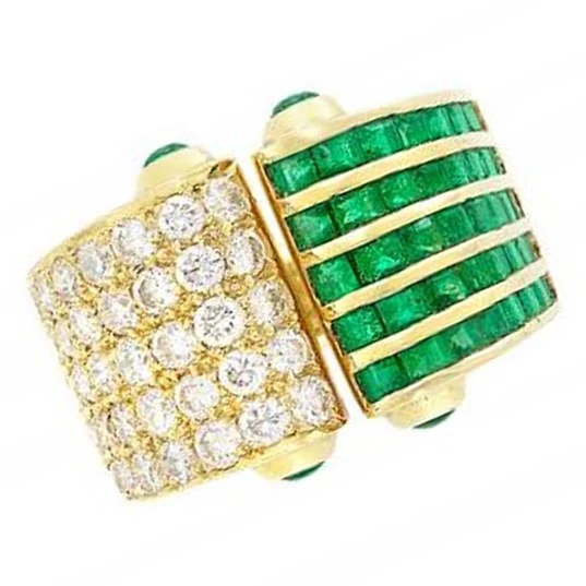 Emerald and Diamond Open Ring, 18K Yellow Gold