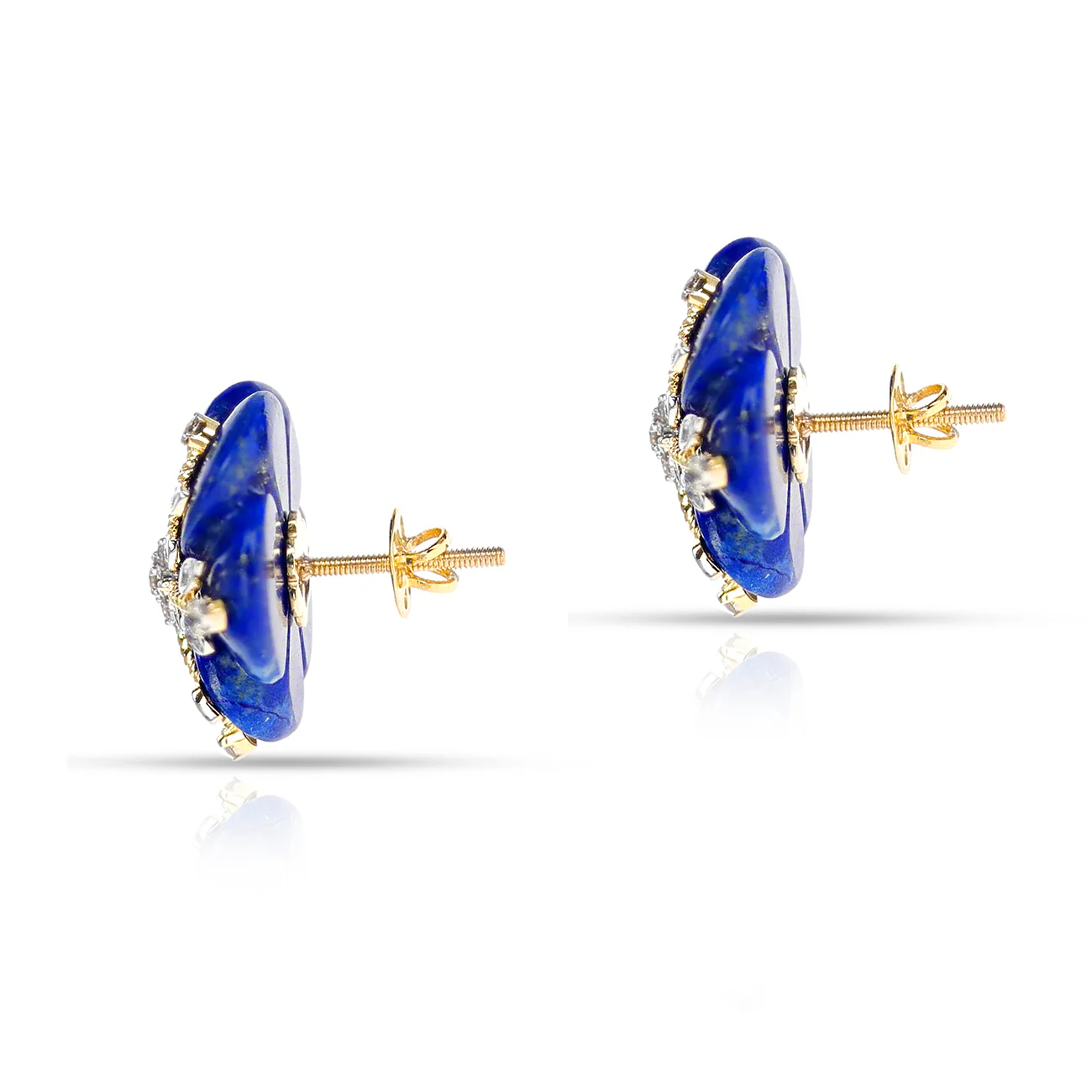 Carved Floral Lapis and Diamond Earrings, 14K