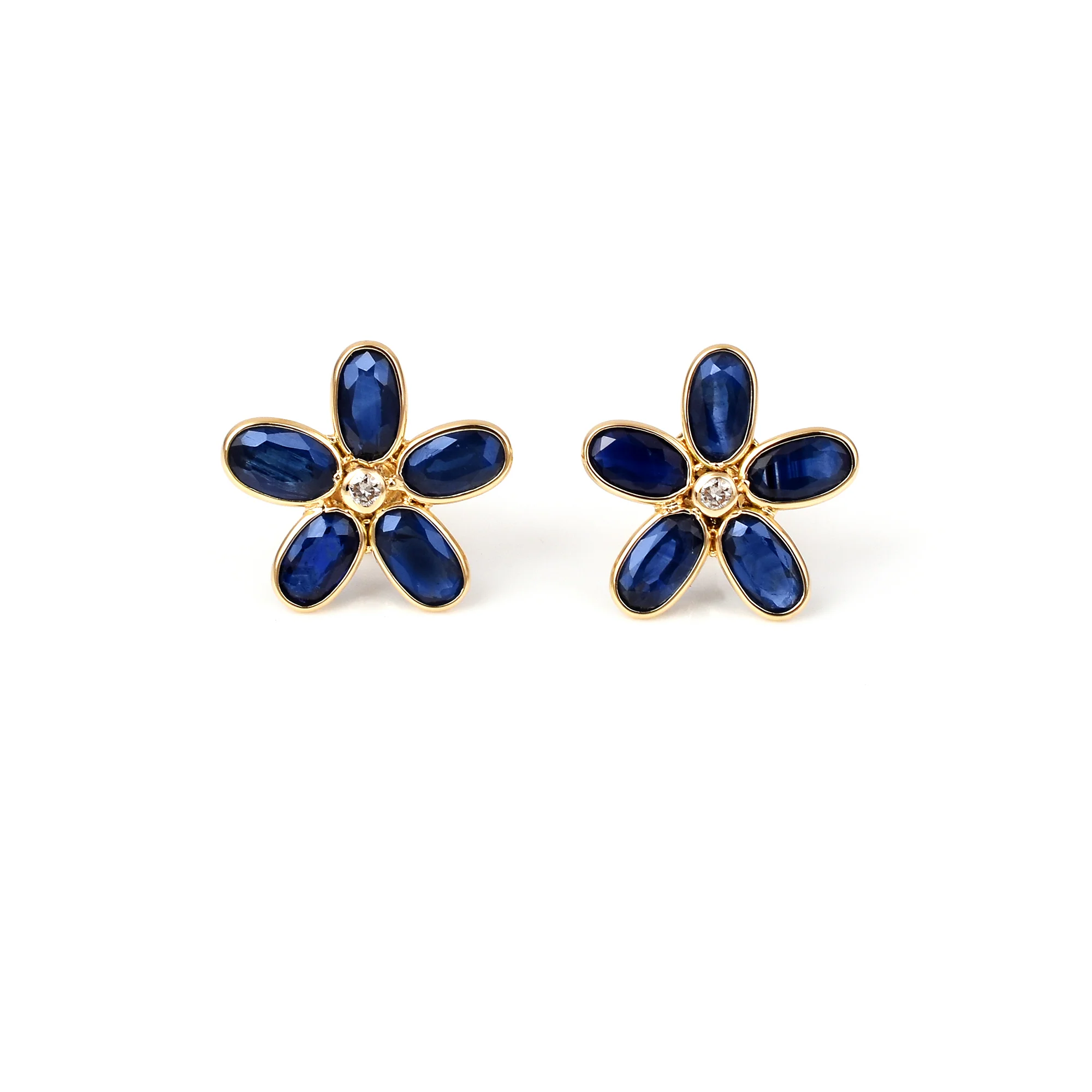 Oval Blue Sapphire Floral Earrings with Diamonds, 18k Yellow Gold