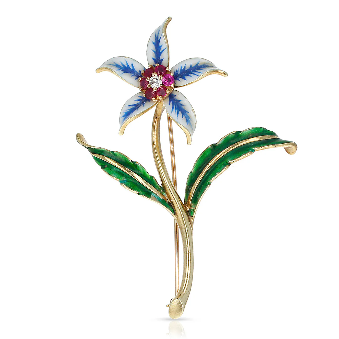 Cartier Floral Pin/Brooch Rubies, Diamonds and Enamel, 18 Karat Yellow Gold