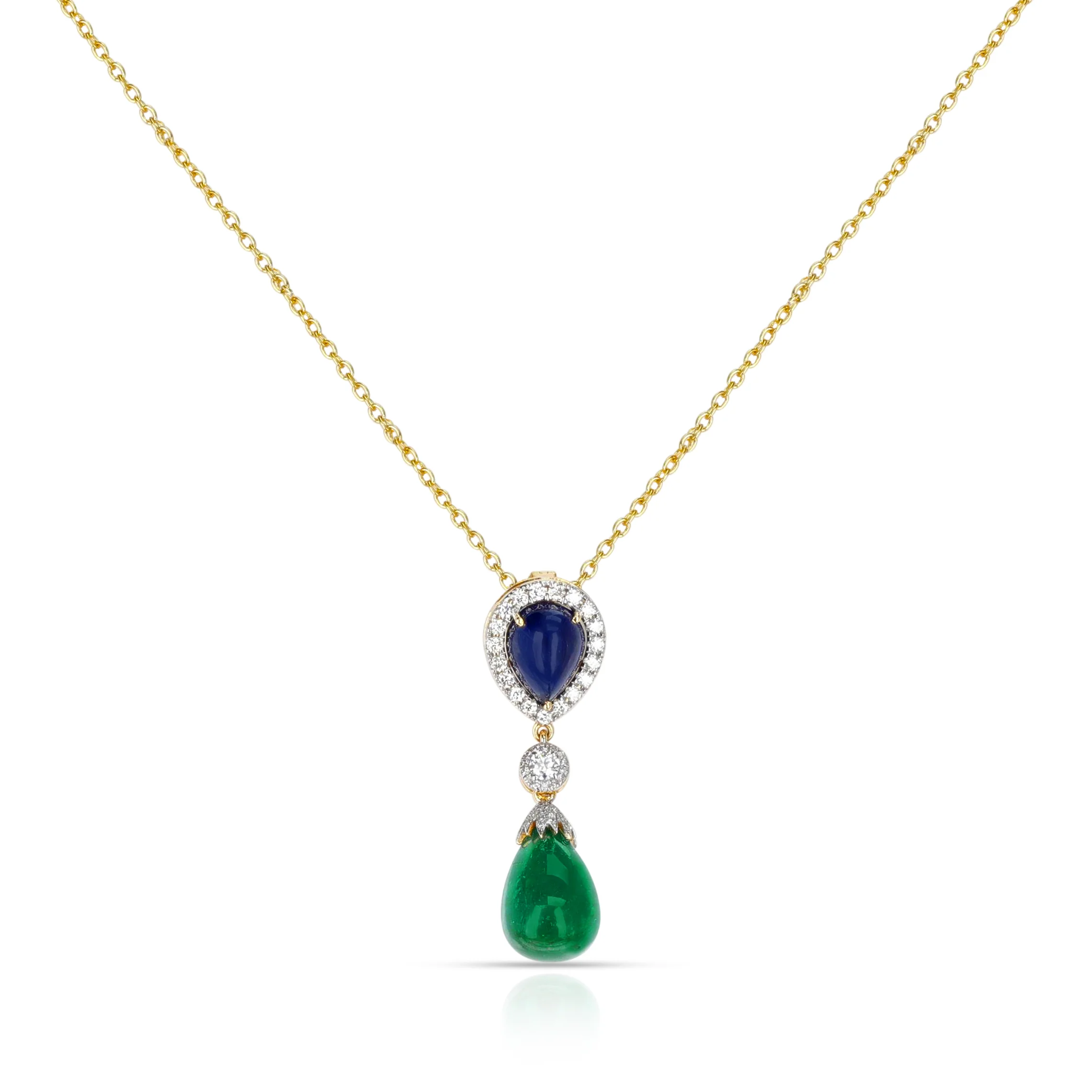 Pear Shape Sapphire and Emerald Drop Pendant with Diamonds, 18K