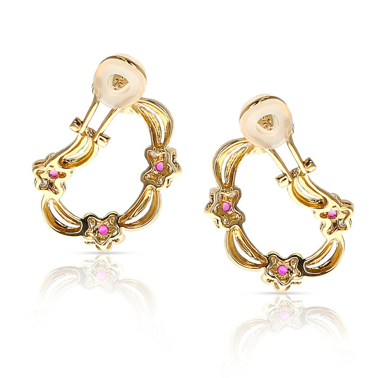 Four Flower Ruby and Diamond Floral Clip-on Earrings, 18 Karat Yellow Gold