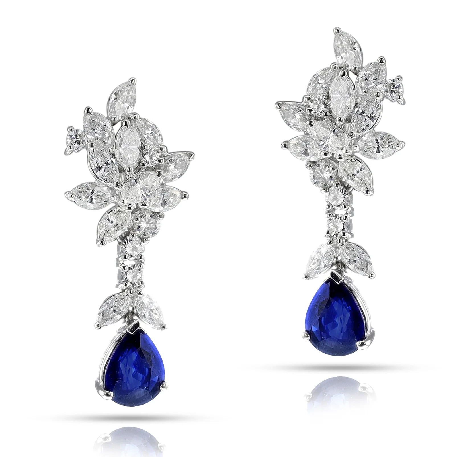 Pear Shape Sapphire with Diamonds Dangling Earrings, Platinum