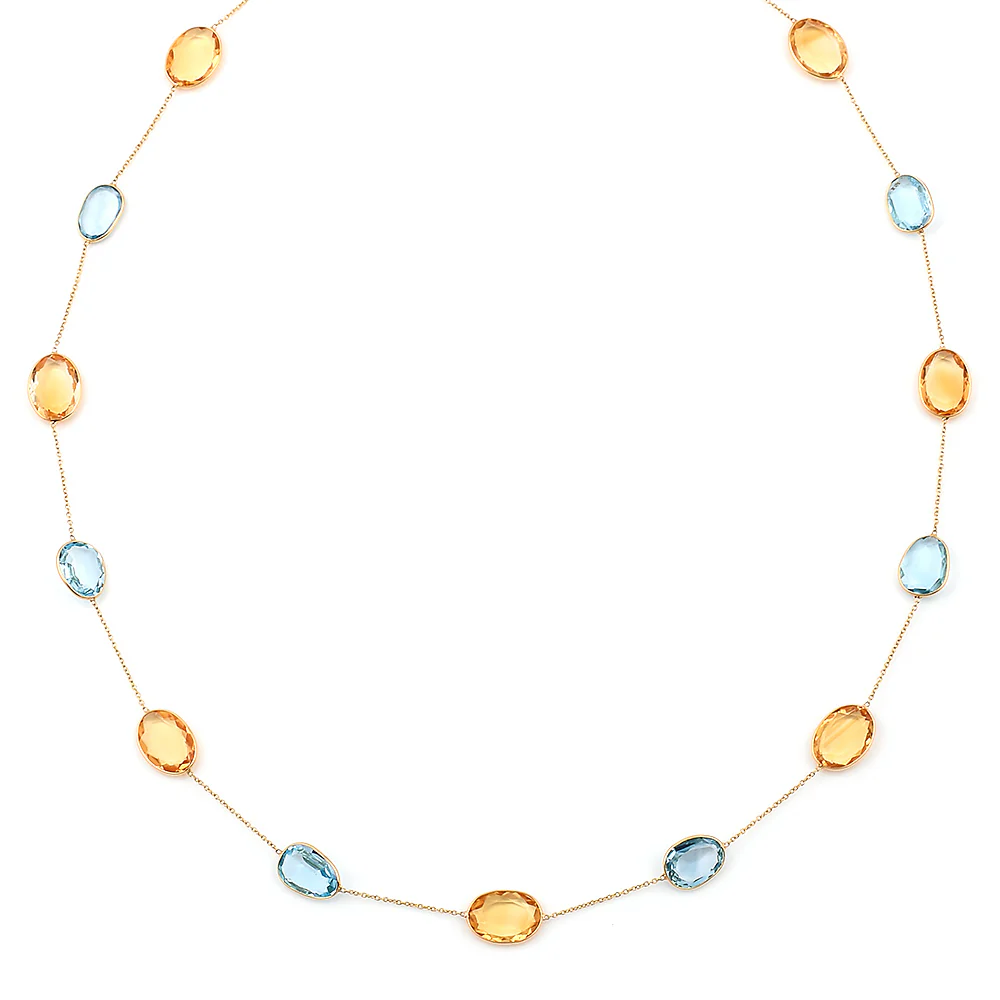Oval shape Blue Topaz and Citrine Necklace, 18 Karat Gold