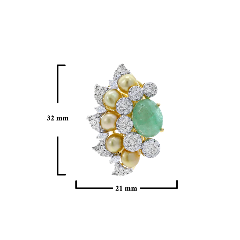 Curved Emerald, Diamond, and Pearl Earrings, 18K Gold