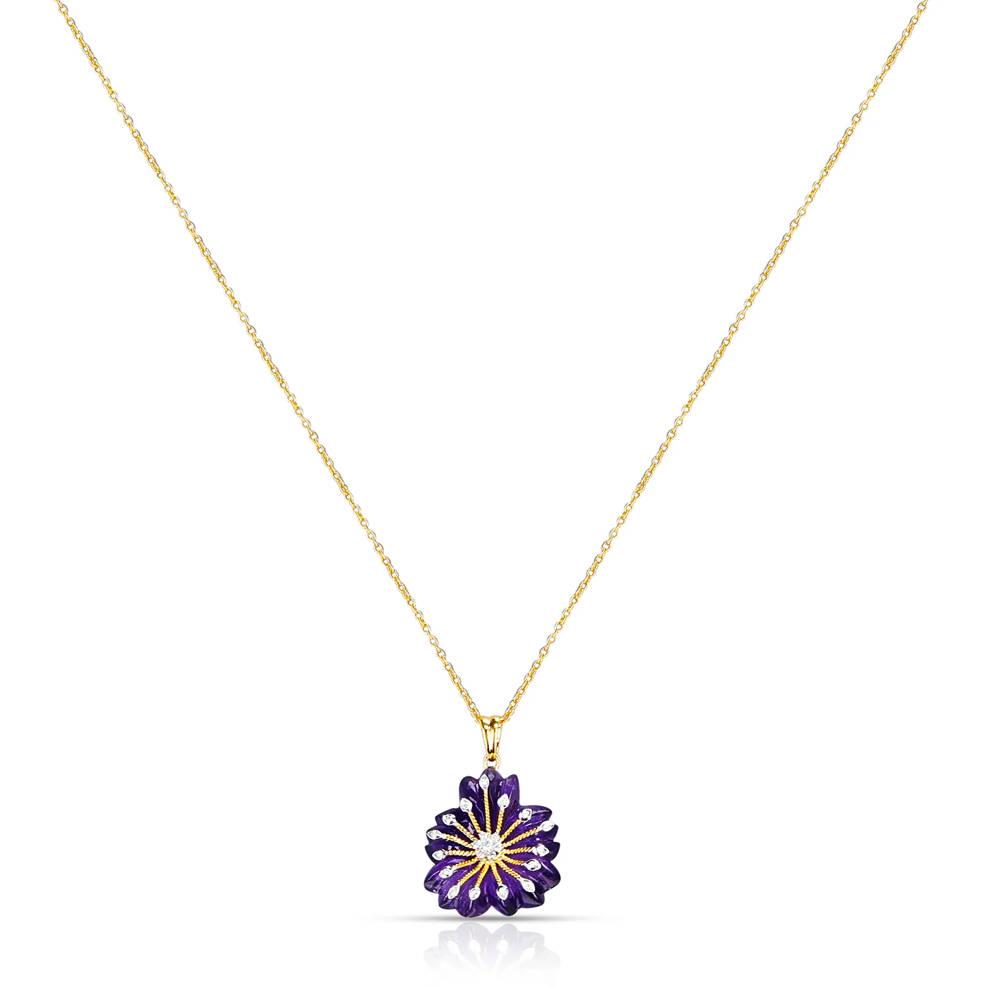 Amethyst Carved Floral Pendant with 14k Gold and Diamonds