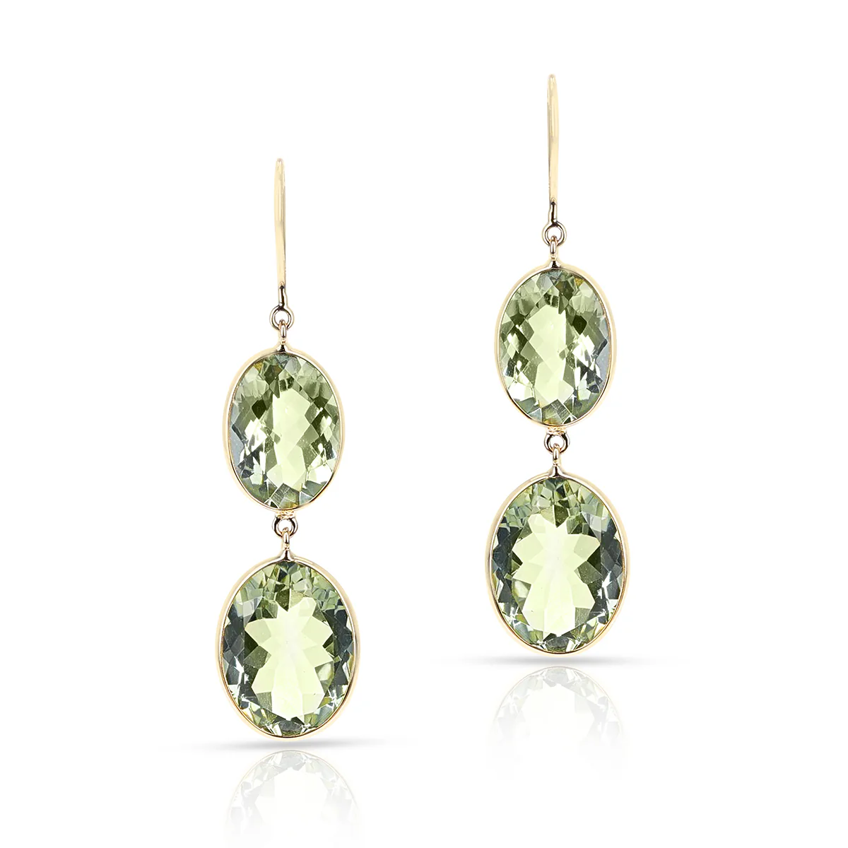 Green Amethyst Oval Shape Dangling Earrings made in 18 Karat Yellow Gold.