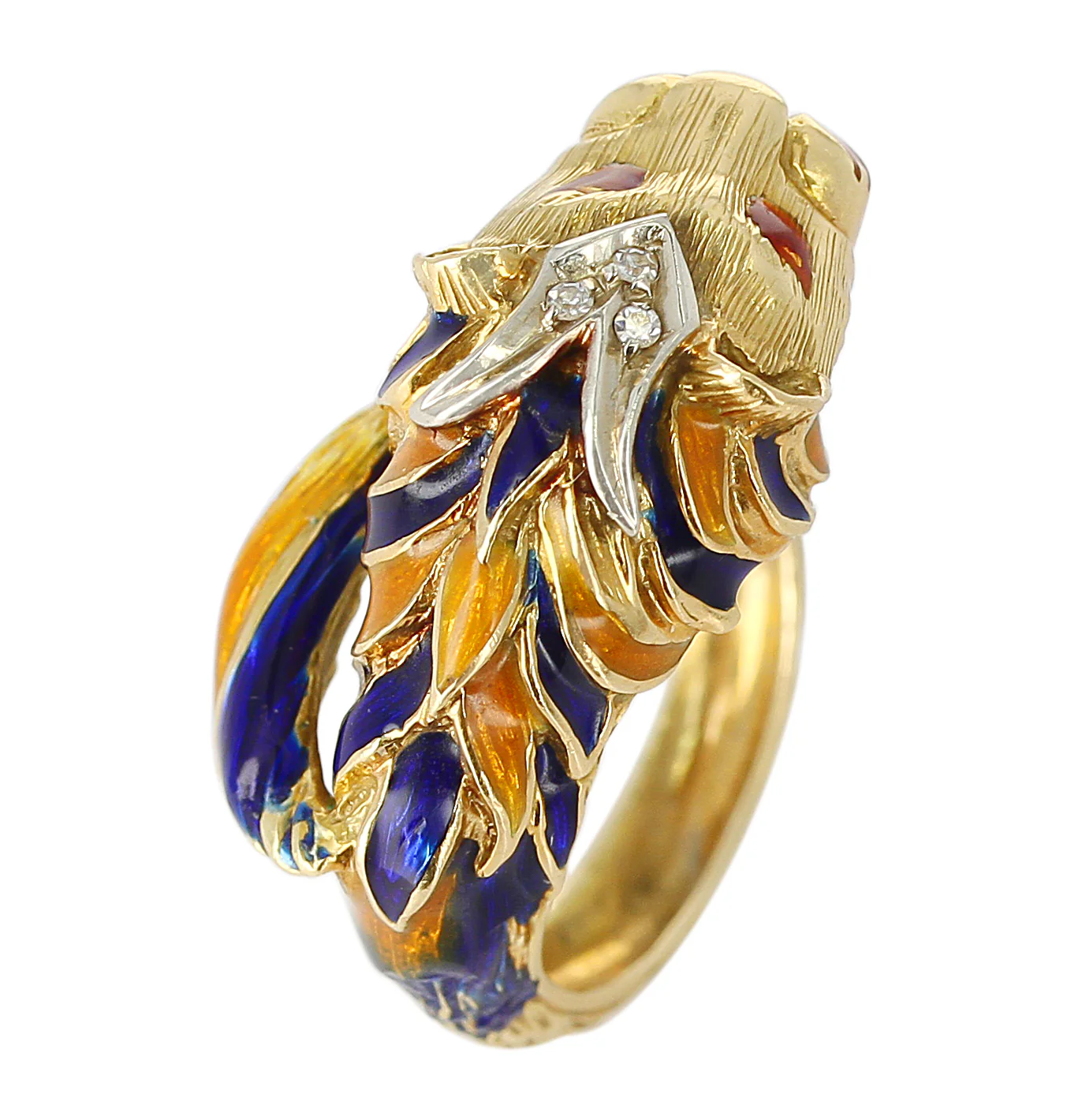 Lion Enamel Ring with Diamonds in 18 Karat Yellow Gold