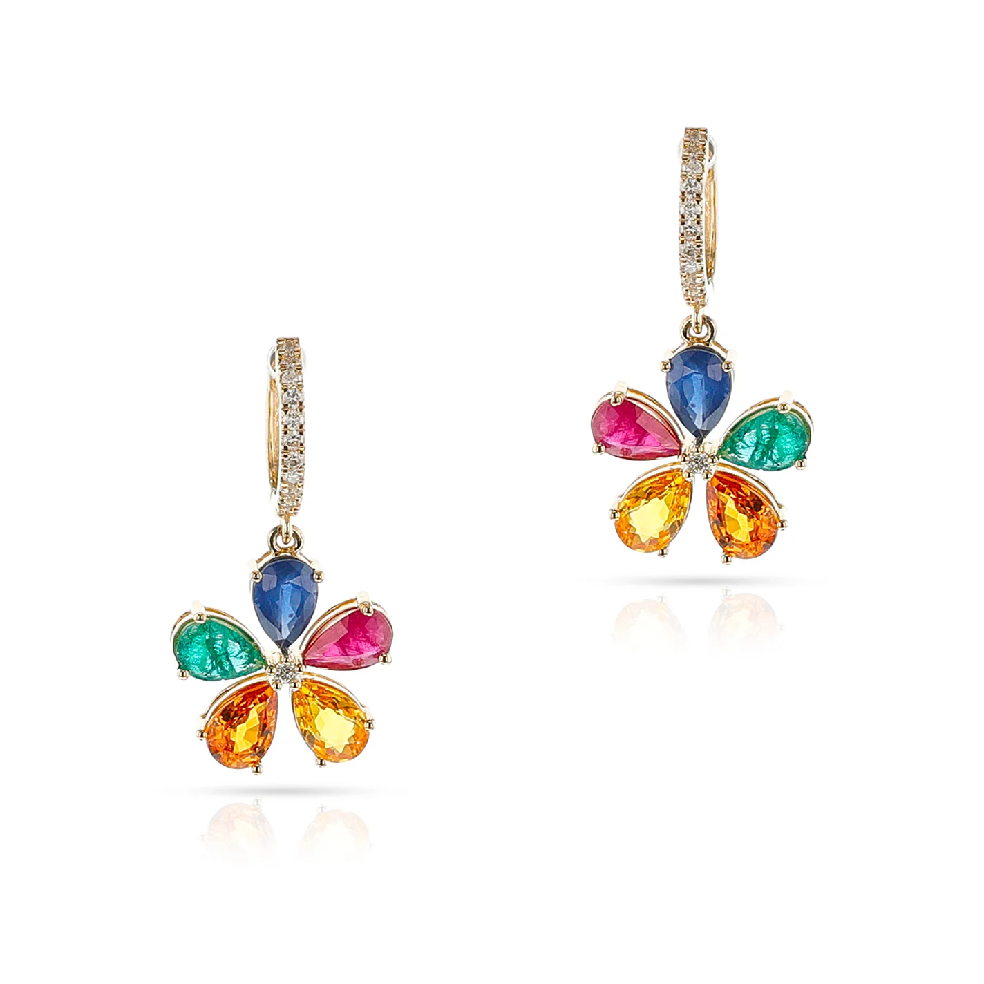 Floral Multi Sapphire and Diamond Dangling Earrings