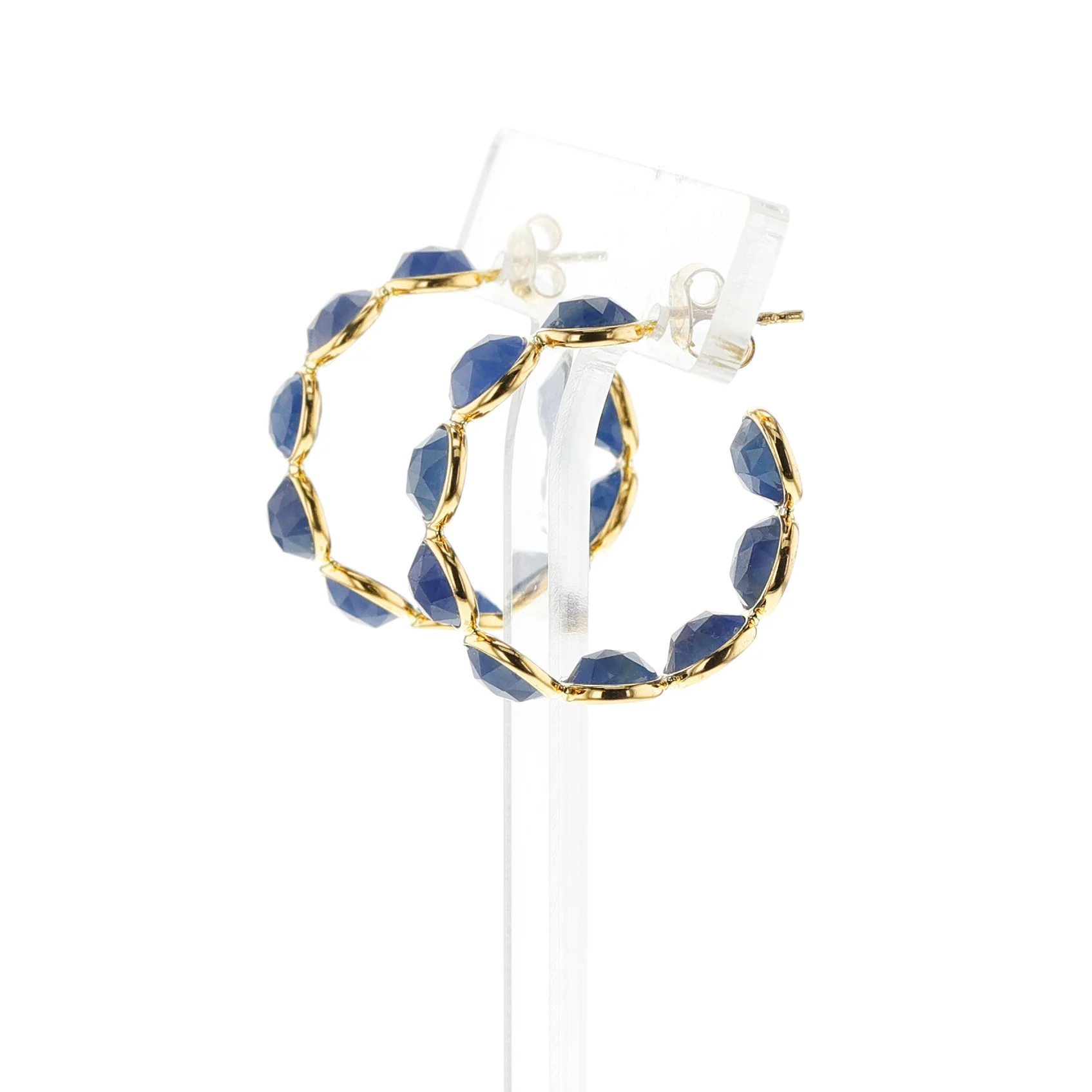 Round Faceted Blue Sapphire Hoop Earrings, 18K