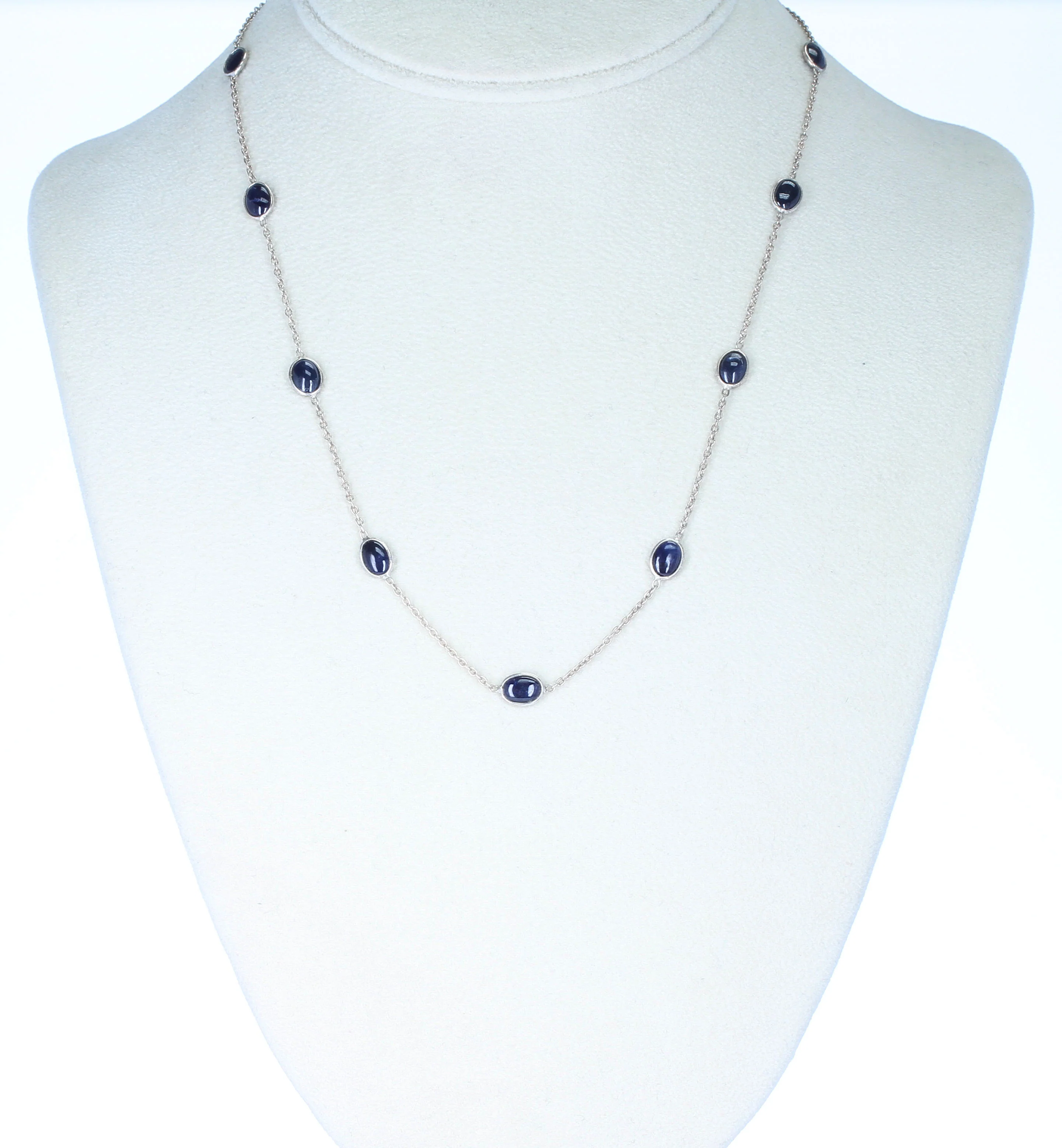 Dark Blue Sapphire Cabochon Necklace, Sterling Silver