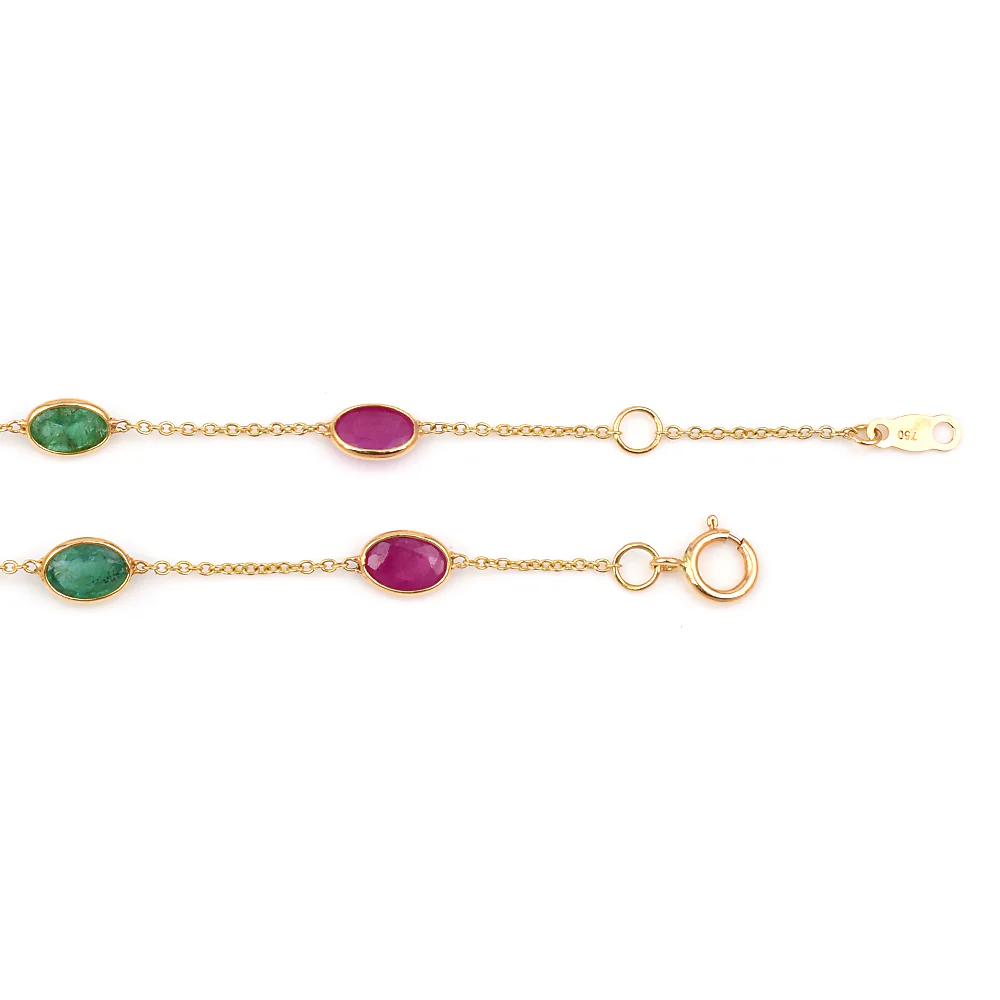 Oval Genuine Ruby and Emerald 18k Yellow Gold Bracelet