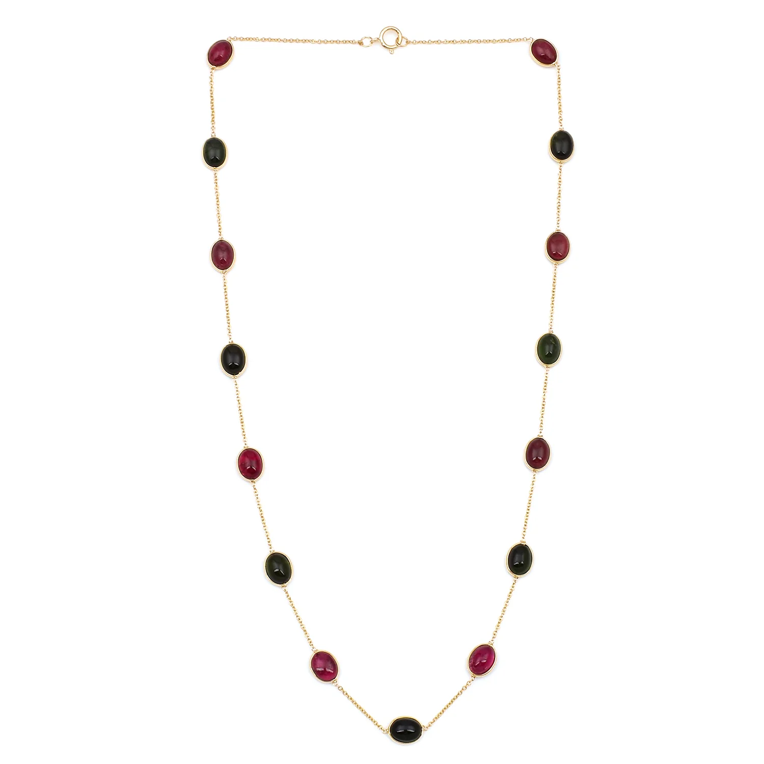 Dark Green and Red Tourmaline Cabochon Necklace, 18K Gold