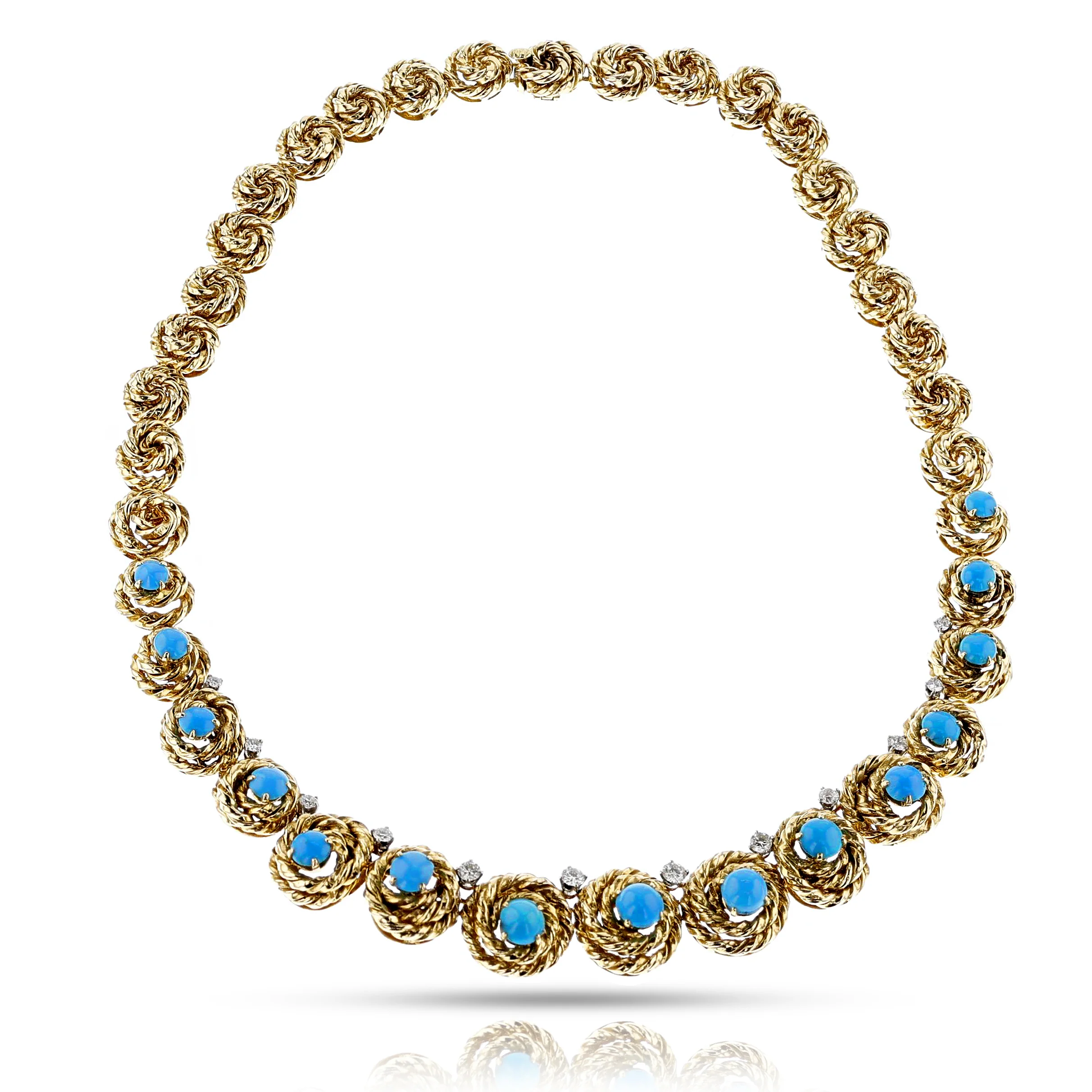 French Van Cleef & Arpels Turquoise Cabochon and Diamond Necklace by Pery et Fils, 18k and Platinum