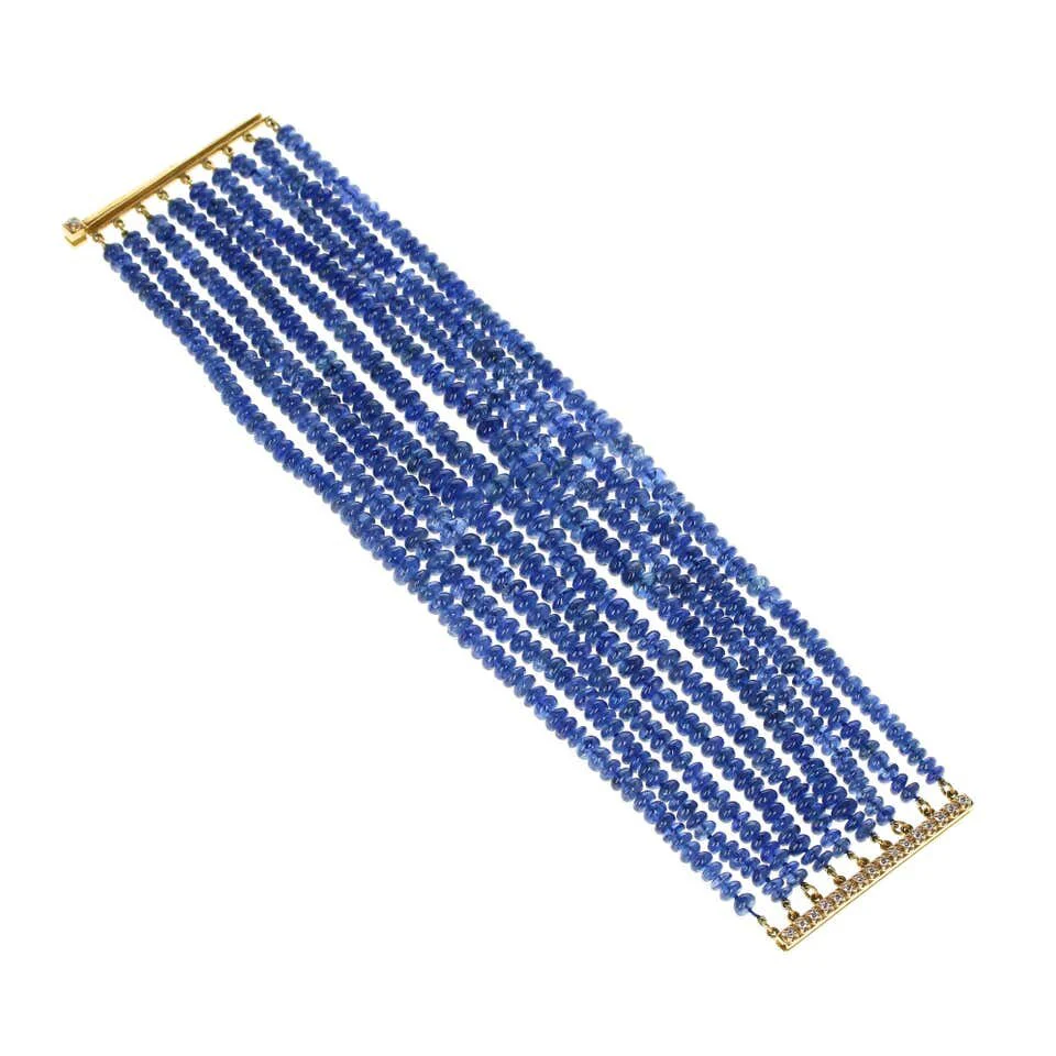 Natural No Heat Burmese Sapphire Beads and Diamond Yellow Gold Bracelet