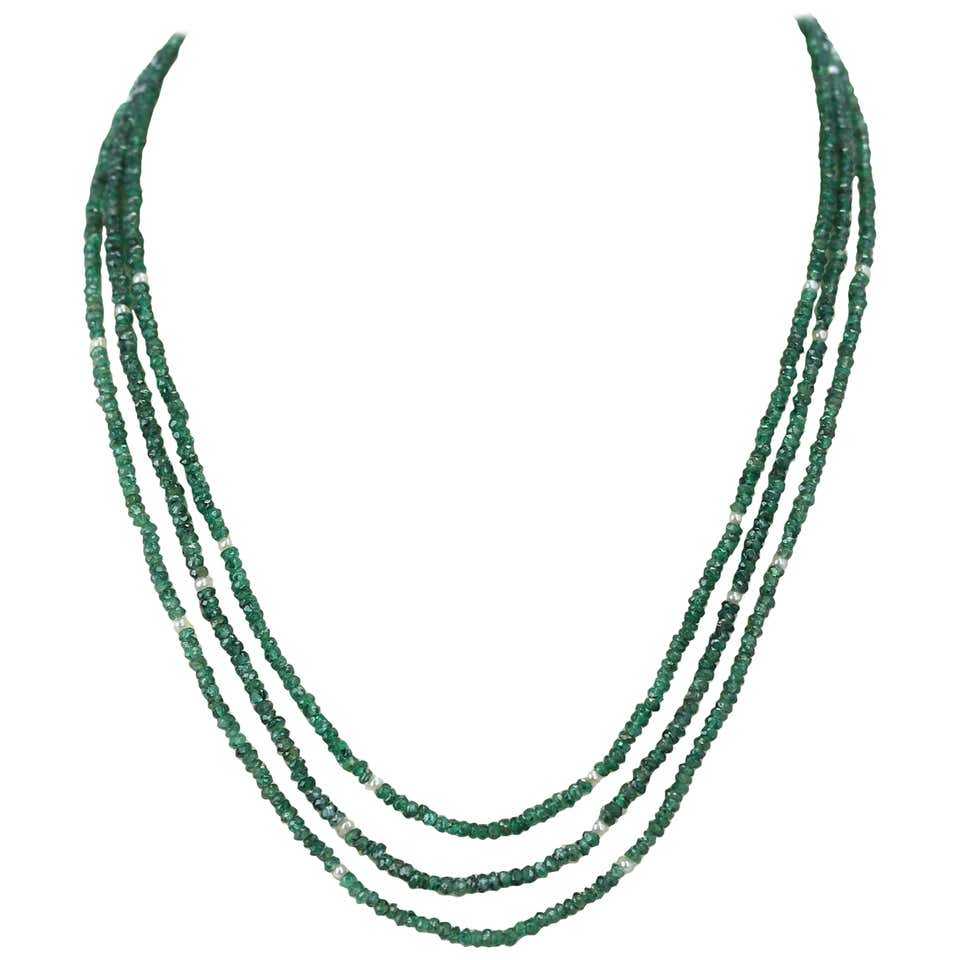 Genuine & Natural Emerald Faceted Beads Necklace with Pearls, 14 Karat