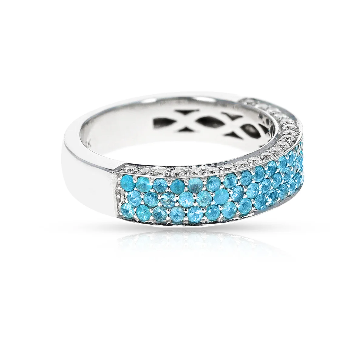 Brazilian Paraiba Tourmaline and Diamond Three Row Pave Band Ring
