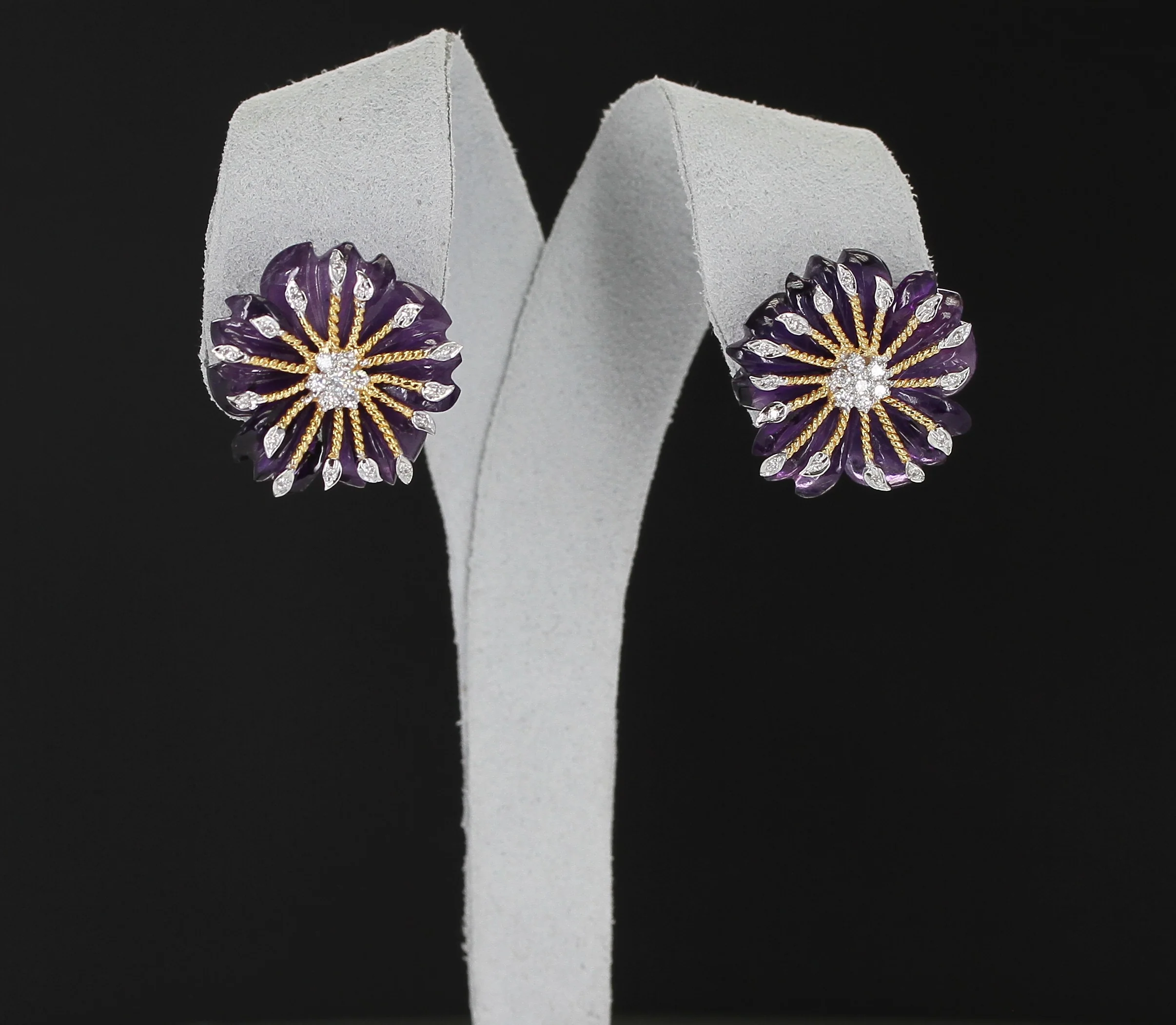 Carved Round Floral Amethyst Earrings with Diamonds
