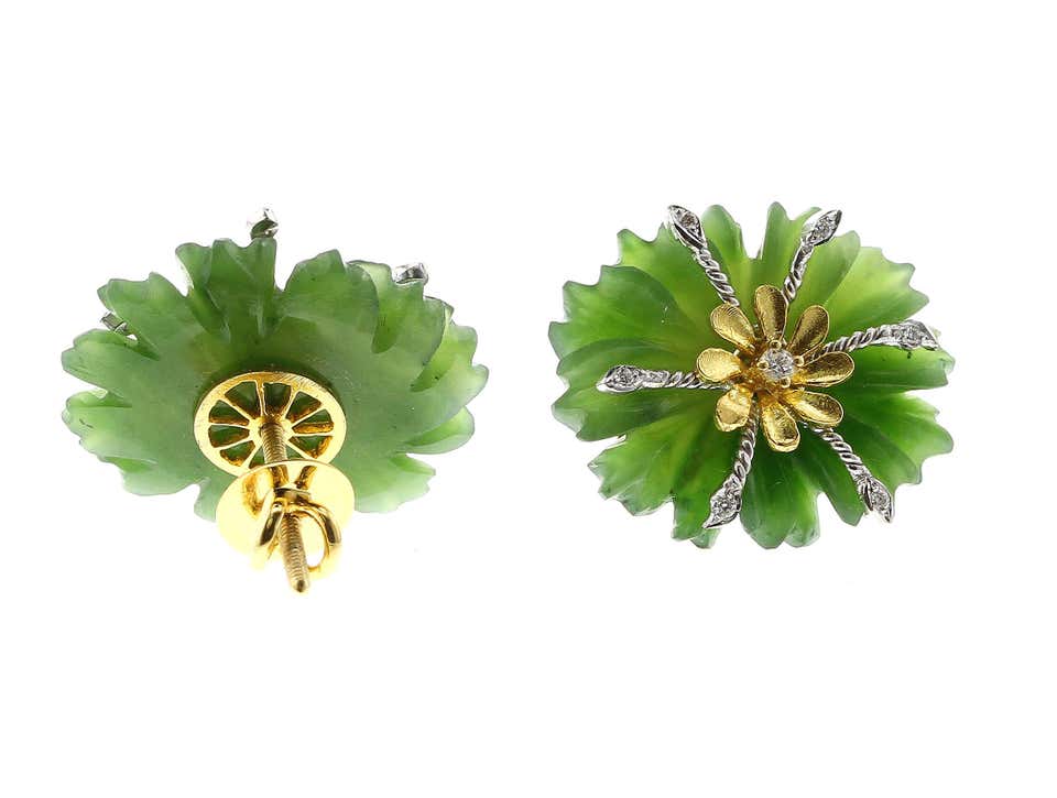 Carved Floral Jade Earrings with Diamonds