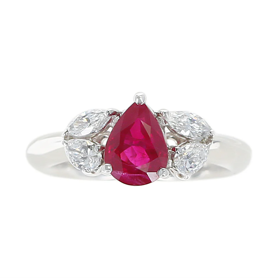 Pear Shape Ruby and Diamond Three Stone Ring, Platinum